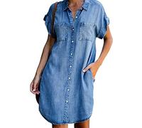 Damen Kleider Sommer,Damen-Jeanskleid Vintage-Waschung Verblasstes Kurzarm-Revers-Knopf-Kleid Lässiges Lockeres Hemdkleid Mit Tasche Sommer-Jeans-Etuikleid Midi-Kleider Für Damen Und Mädchen Hell