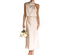 Damen Kleider Sommer,Damen-Midi-Kleider Aus Satin, Elegant, Solide, Mit Neckholder, Ärmellose Kleider, Sommermode, A-Linie, Fließende Swing-Sommerkleider, Party-Cocktail, Sexy Maxikleider Mit Rei