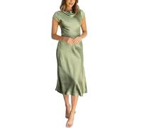 Damen Kleider Sommer,Damen-Satinkleid Einfarbig Modisches Midi-Skaterkleid Ärmellos Rundhalsausschnitt Elegante A-Linie Fließendes Kleid Sommer Sexy Sommerkleid Kreuzverband Cocktail-Lange Midi-Kl