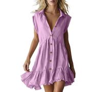 Damen Kleider Sommer Elegant Blusenkleid Kurz Ärmellos Sommerkleider Damen Leicht Und Luftig Kleid A Linie Rüschen Strandkleid mit Knopfleiste Minikleid Frauen Baumwolle Leinenkleid