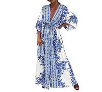 Damen Kleider Sommer Elegant Sommerkleid Boho Maxikleid V-Ausschnitt Strandkleid Lang Blumenkleid High Waist Freizeitkleid Blumen Swing Flowy Tunika Kleid Urlaub Strandkleider Shirtkleider