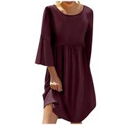 Damen Kleider Sommer Knielang A Linie Sommerkleid Elegant Trompetenärmel Sommerkleider Damen Leicht Und Luftig Kleid Frauen Rundhals Plisseekleid 3/4 Ärmel Einfarbig Strandkleid Dünne Locker