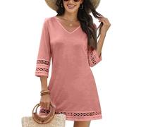 Damen Kleider Sommer Kurz 3/4 Ärmel Sommerkleid Elegant A Linie Häkel Spitze Strandkleid V Ausschnitt Shirtkleid Boho Kleid Einfarbig Sommerkleider Leicht Und Luftig Damenkleider Ibiza Style