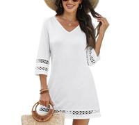 Damen Kleider Sommer Kurz 3/4 Ärmel Sommerkleid Elegant A Linie Häkel Spitze Strandkleid V Ausschnitt Shirtkleid Boho Kleid Einfarbig Sommerkleider Leicht Und Luftig Damenkleider Ibiza Style