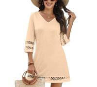 Damen Kleider Sommer Kurz 3/4 Ärmel Sommerkleid Elegant A Linie Häkel Spitze Strandkleid V Ausschnitt Shirtkleid Boho Kleid Einfarbig Sommerkleider Leicht Und Luftig Damenkleider Ibiza Style