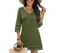 Damen Kleider Sommer Kurz 3/4 Ärmel Sommerkleid Elegant A Linie Häkel Spitze Strandkleid V Ausschnitt Shirtkleid Boho Kleid Einfarbig Sommerkleider Leicht Und Luftig Damenkleider Ibiza Style