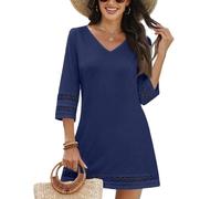 Damen Kleider Sommer Kurz 3/4 Ärmel Sommerkleid Elegant A Linie Häkel Spitze Strandkleid V Ausschnitt Shirtkleid Boho Kleid Einfarbig Sommerkleider Leicht Und Luftig Damenkleider Ibiza Style