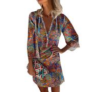 Damen Kleider Sommer Kurz Boho-Kleid V Ausschnitt Elegant Sommerkleid mit Ärmeln Kleid Bohemian Damenkleider mit Knopfleiste Sommerkleider Leicht Und Luftig Kleid 3/4 Ärmel Strandkleid Locker
