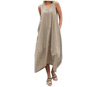 Damen Kleider Sommer Lang Ärmellos Sommerkleid Damen Elegant V Ausschnitt Maxikleid Rückenfrei mit Masche Hinten Ballonkleid mit Taschen Sommerkleider Damen Leicht Und Luftig Strandkleid Weit