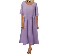 Damen Kleider Sommer Lang Halbarm Sommerkleid Damen Leicht Midi A Linie Kleid Sommer Plissee mit Taschen Sommerkleider Luftig Einfarbig Midikleid Frauen Elegant Rundhals Damenkleider Lockeres