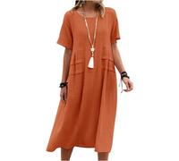 Damen Kleider Sommer Lang Sommerkleid Damen Midi Elegant A Linie Sommerkleider Leicht Und Luftig Leinenkleid Kurzarm Kleid Frauen Locker Casual Strandkleid Baumwolle Leinen Midikleid Rundhals
