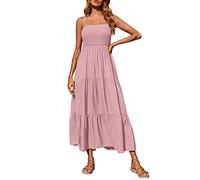Damen Kleider Sommer Lange Freizeitkleid Sexy Spaghetti Trägerkleid mit Gesmoktes Einfarbig Swing Kleid Hohe Taille Stretch Tunikakleid Mode Strandkleid Urlaubskleid
