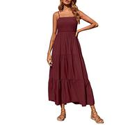 Damen Kleider Sommer Lange Freizeitkleid Sexy Spaghetti Trägerkleid mit Gesmoktes Einfarbig Swing Kleid Hohe Taille Stretch Tunikakleid Mode Strandkleid Urlaubskleid