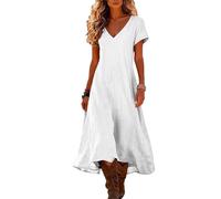 Damen Kleider Sommer Midi Elegant Sommerkleider Damen Leicht Und Luftig Shirtkleid Mit Ärmel Sommerkleid V Ausschnitt Midikleid A Linien Tunika Kleid Freizeit Strandkleid Locker Blusenkleid