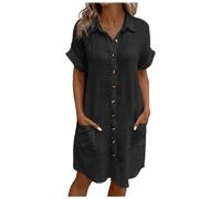 Damen Kleider Sommer, Musselin Kleid Damen: Sommerkleid Leicht Und Luftig Sommer Blusenkleid Leinenkleider Baumwoll Leinen Elegant Hemdkleid Damenkleider Kurzarm Freizeit Tunikakleid Mit V-Ausschnitt