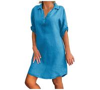 Damen Kleider Sommer,S157 Sommerkleid Damen Leinen Kleider Casual V-Ausschnitt Midikleid Kurzarm A-Linie Kleid Strandkleid Ohne Zubehör Sommerkleid