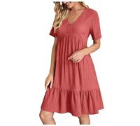 Damen Kleider Sommer, Sommerkleid Damen Kurz V Ausschnitt Kleid Hochzeitsgast Sommer Festliche Kleider Freizeit Strandkleid Elegante Wickelkleid Knielang Sommerkleider Leicht Und Luftig, Roter, L