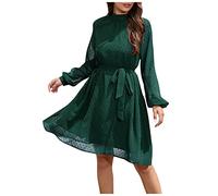 Damen Kleider Winter Gürtel Kleid Damen 50 Jahre Kleid Chiffon Einfarbig Knielang Kleid mit Gürtel Hohe Taille Tunika Abendkleid Swing A-Linie Kleid (Dark Green,XL)