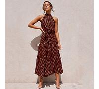 Damen Kleidsommer Langes Kleid Polka Dot Casual Kleider Sexy Halter Trägerlose Damen Sommerkleid Urlaub Kleidung,Braun,S