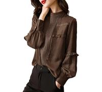 Damen-Kleidung, plissiert, Spitze, Frühling, Herbst, Basic, locker, einfarbig, Stehkragen, Rüschen, gespleißte Bluse, dunkelbraun, M