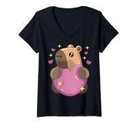 Damen Kleinkind Baby Mädchen St. Valentine Day Pink Capybara Hold Heart T-Shirt mit V-Ausschnitt