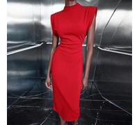 Damen knallrotes Kleid mit breiten Schultern, vielseitig einsetzbar, elegant, modern und figurbetont, ärmelloses Pulloverdesign mit verdecktem Reißver