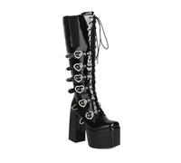 Damen Kniehohe Gothic-Plateauschnallenstiefel Chunky High Heel Schnürung Punk Over The Knee Kampfstiefel Mit Seitlichem Reißverschluss,Black patent,39 EU