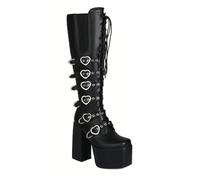 Damen Kniehohe Gothic-Plateauschnallenstiefel Chunky High Heel Schnürung Punk Over The Knee Kampfstiefel Mit Seitlichem Reißverschluss,Black pu,48 EU