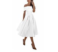 Damen Knielang Kleid Kleider,Einschultriger Dreiviertelrock aus Satin in A-Linie,White,US12,Festliches Ballkleid Brautjungfernkleider