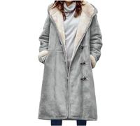 Damen knielanger Wildledermantel - Winter warme Kapuzenjacken Dickes Sherpa-Fleece-Futter Duffle-Knöpfe Seitentaschen Mode Plüsch Lange Trenchjacken Erbsenmantel Parka Oberbekleidung, grau, 38