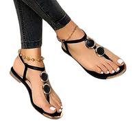 Damen Knöchelriemen Riemchensandalen Freizeitschuhe Elegant Flipflop Strandschuhe Bohemia Strand Halbschuhe Bequem Flache Sandalen mit Strasssteine Knopfleiste Schwarz Braun Beige Kleid Sandalen