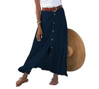 Damen Knöpfen Einfarbige Lange Röcke mit Taschen Slim Sexy Elegant Lockere Maxirock Sommer Casual Bequeme Wrapped Halb Rock (Marineblau,L)