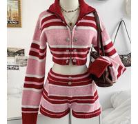 Damen Knopf-Taille Rot-Weiß gestreifte Strick-Shorts zum Ausgehen Sommer Retro Vintage 70er 90er