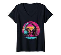 Damen Kopfhörer Musik DJ Artwork Musik Kopfhörer Dance Club T-Shirt mit V-Ausschnitt