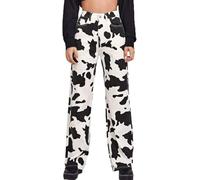 Damen Korean Wide Leg Jeans Fashion Cow Pattern Printing High-Waist Jeanshose mit Tasche （schwarz S）