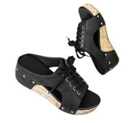 Damen Kork Keilabsatz Sandalen Peep Toe Pantoletten Schnürung Nieten Deko Mules Rutschfest Dicke Sohle Sommer Freizeit Fußbekleidung Große Größe(Black,37 EU)