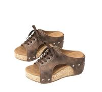 Damen Kork Keilabsatz Sandalen Peep Toe Pantoletten Schnürung Nieten Deko Mules Rutschfest Dicke Sohle Sommer Freizeit Fußbekleidung Große Größe(Darkbrown,38 EU)