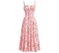 Damen-Korsettkleid, Blumenmuster, ärmellos, quadratischer Ausschnitt, Spaghettiträgerkleid, Boho-Stil, Urlaub, fließendes Midi-Bustier, Sommerkleid, pink floral, Mittel