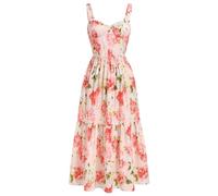 Damen-Korsettkleid, Blumenmuster, ärmellos, quadratischer Ausschnitt, Spaghettiträgerkleid, Boho-Stil, Urlaub, fließendes Midi-Bustier, Sommerkleid, Rosa und rote Blume, X-Klein