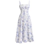Damen-Korsettkleid, Blumenmuster, ärmellos, quadratischer Ausschnitt, Spaghettiträgerkleid, Boho-Stil, Urlaub, fließendes Midi-Bustier, Sommerkleid, Weiß und Blau mit Blumenmuster, Groß