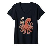 Damen Kraken Octopus Drinking Coffee Theme for Men and Women T-Shirt mit V-Ausschnitt