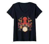 Damen Kraken Octopus Playing Drums for Musician Men and Women T-Shirt mit V-Ausschnitt
