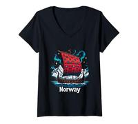 Damen Kühnes Norwegen Wikingerschiff mit Bergen und Sternen T-Shirt mit V-Ausschnitt