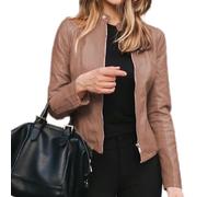 Damen Kunstleder Langarm Jacken Zip Up Moto Outwear Slim Short Mäntel, Khaki, Medium