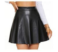 Damen Kunstleder Schwarz Mini Rock Klassische Hohe Taille Rock Faltenrock PU Schwarz Lederrock, Schwarz