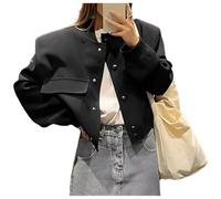 Damen Kurz Dünne Bomberjacke Classics Ladies Einfarbig Varsity Bomber Sweat Jacket Leichte Pilotenjacke Kurzjacke Damenjacke Herbst Frühling College Jacket Sweatshirt mit Tasche Pure Schwarz L