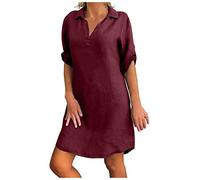 Damen Kurzarm Leinenkleid Sommer V-Ausschnitt Sommerkleid Damen Knielang Leinenkleider Baumwolle Leinen Casual Freizeitkleid Strandkleider Boho Kleid A-Linie Kleid, 5XL, Rot