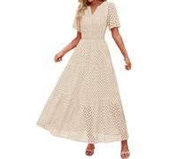 Damen Kurzarm Maxi Kleid Lässiges V-Ausschnitt Kleid mit Lochstickerei Rüschen Schwingendem A-Linien-Schnitt und Eleganter Knöchellänge (Beige, L)