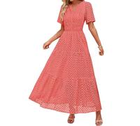 Damen Kurzarm Maxi Kleid Lässiges V-Ausschnitt Kleid mit Lochstickerei Rüschen Schwingendem A-Linien-Schnitt und Eleganter Knöchellänge (Red, M)