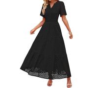 Damen Kurzarm Maxi Kleid Lässiges V-Ausschnitt Kleid mit Lochstickerei Rüschen Schwingendem A-Linien-Schnitt und Eleganter Knöchellänge (Black, M)
